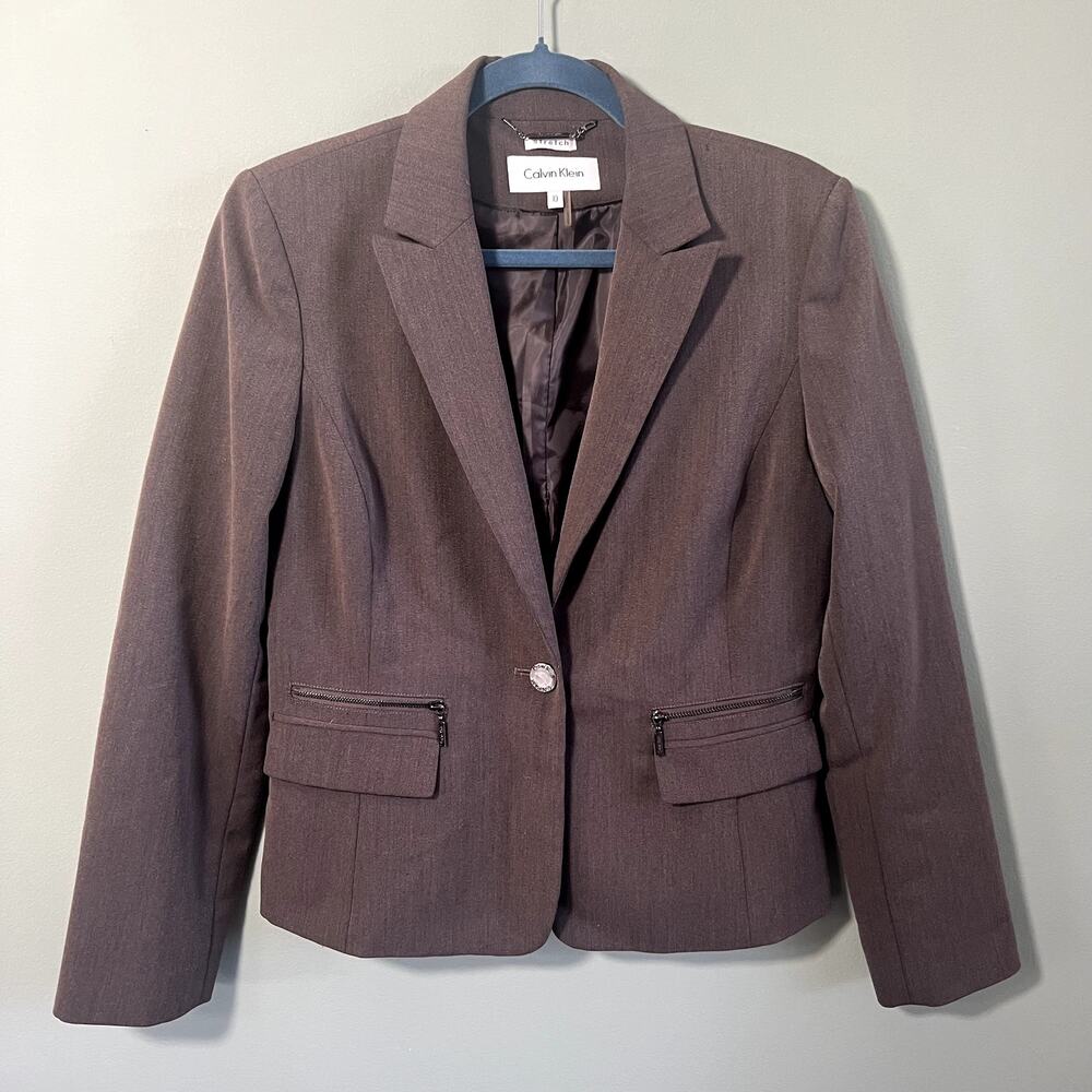 Calvin Klein Women's Professional Brown Stretch Blazer, Zip Pockets, Size 10